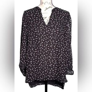 Anne Klein Medium Black Polka Dot Flowy Split Neck Blouse Balloon Sleeves NWT